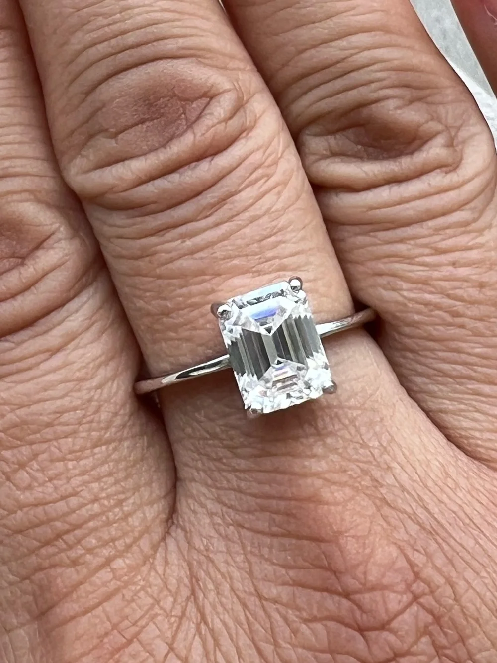 Rhodium Plated Sterling Silver 3 Carat Moissanite Emerald Cut Solitaire Ring